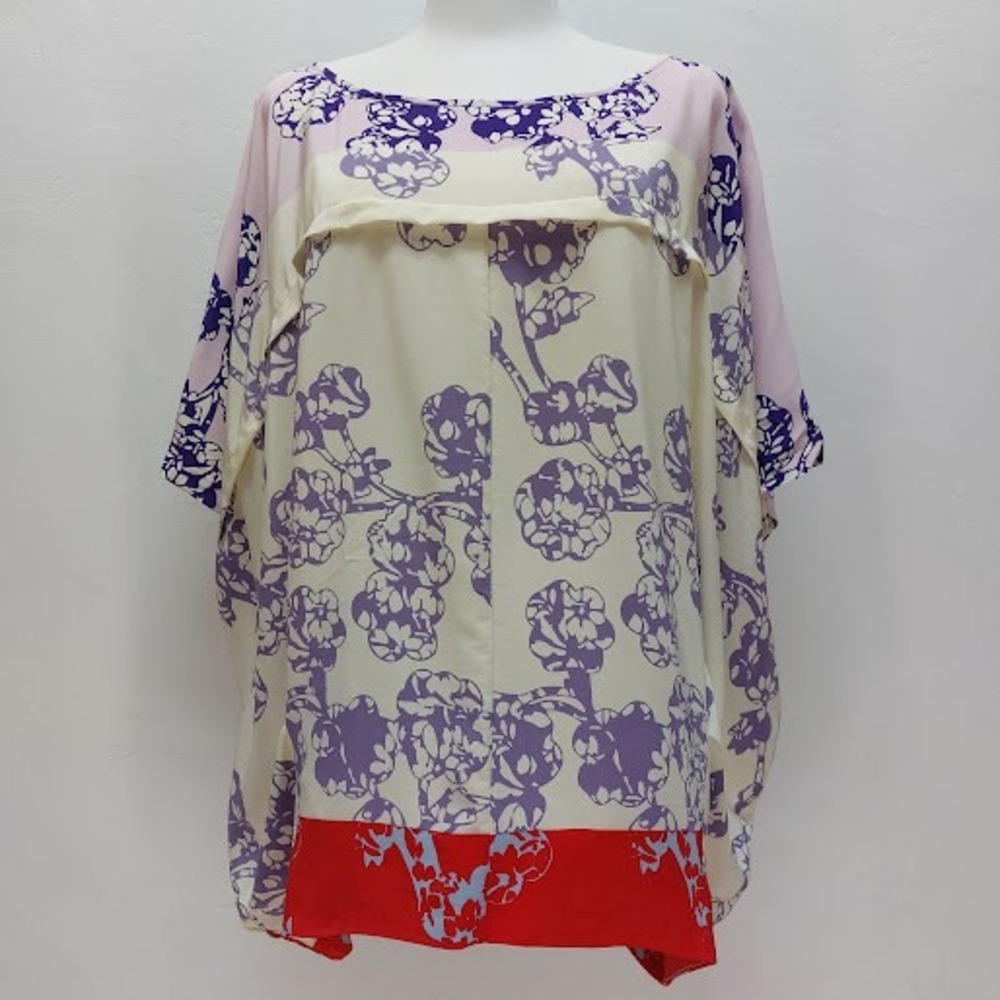 Diane von Furstenberg Blouse Women's Large Purple Floral Silk Batwing Top Luxury